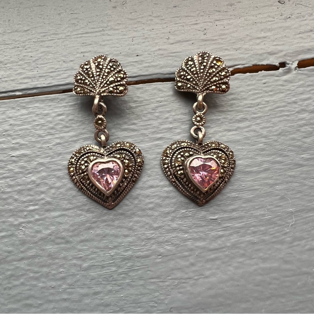 Vintage Pink Lavender Rhinestone and Silver Tone Marcisite Dangle Heart Earrings